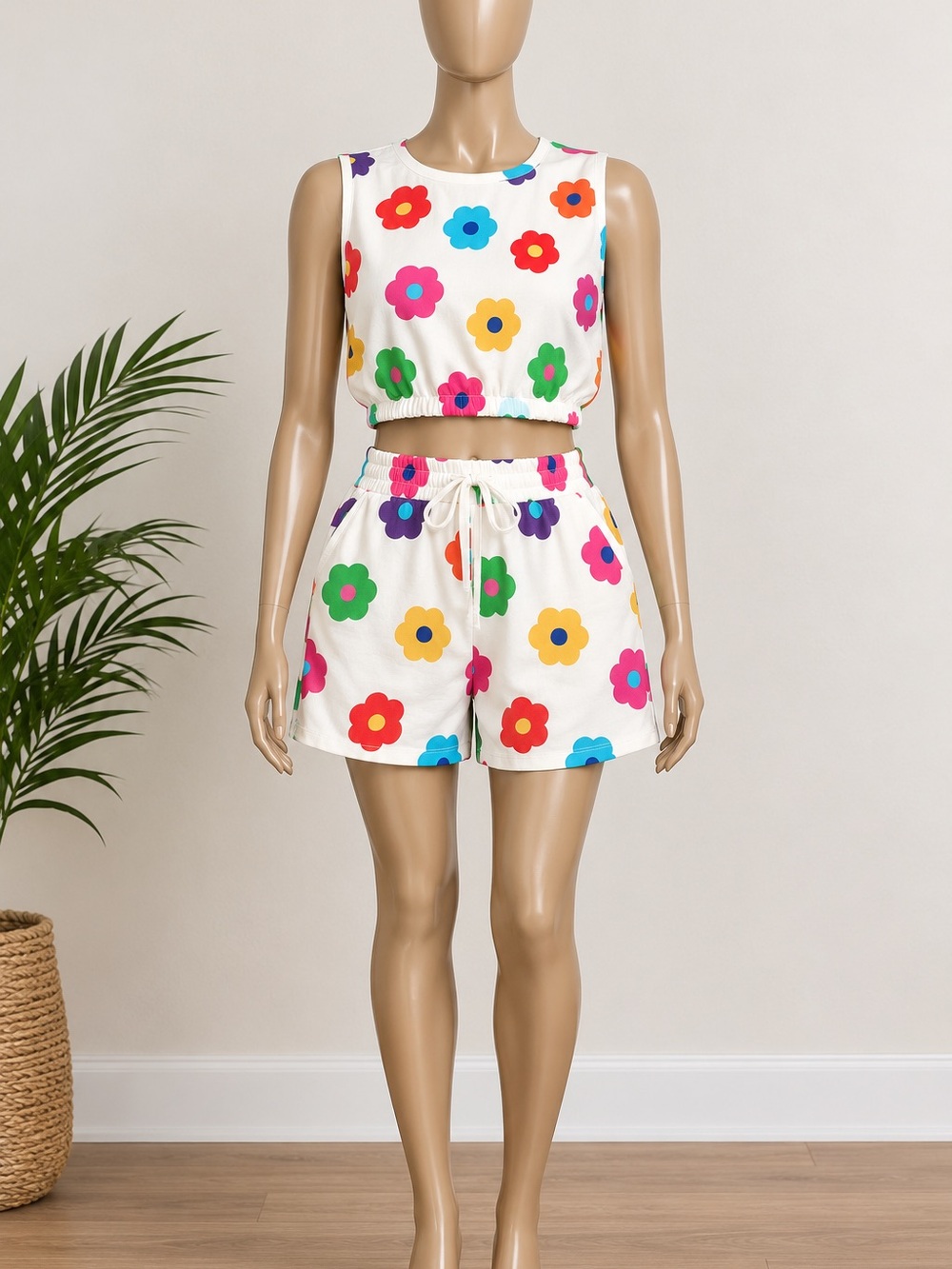 SHEIN White Floral Print Drawstring Shorts with Multicolor Flowers